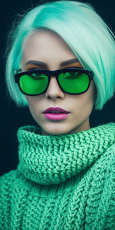 Disheveled young woman of European appearance is holding her head against blue background Redhaired hipster in translucent glasses is wearing green hoodie Concept of good : Generative AIの素材