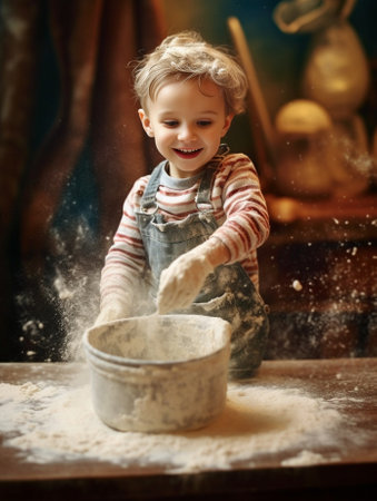 Funny kid sitting on the kitchen table in a rustic kitchen playing with flour and tasting a cake He is covered in flour and looks funny He is cute Milk and different jars : Generative AIの素材