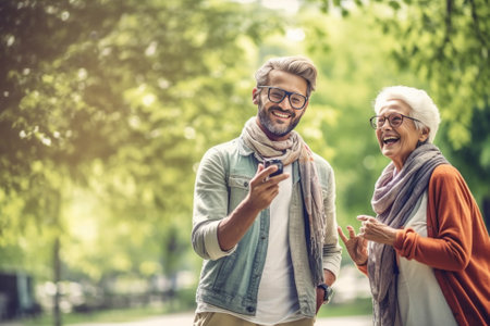 Cheerful lady with blonde short hair in white blouse laughing holding cup of tea and posing with old man in eyeglasses outdoor : Generative AIの素材