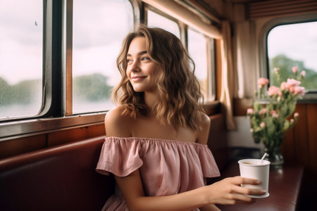 Cute young caucasian girl is relaxing with cup of coffee sitting on terrace in morning Brunette woman in summer pink clothes looks to side Home comfort concept : Generative AIの素材
