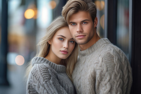 Ginger girl hugs darkhaired guy Closeup portrait of young man and woman in similar sweaters : Generative AIの素材