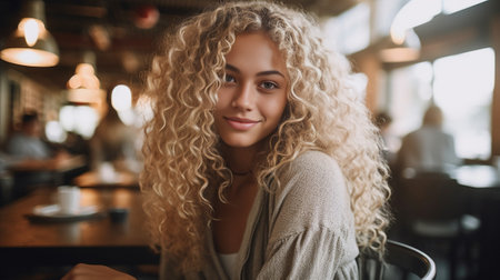 Goodlooking girl playing with her curly hair resting at the table with little flower vase on it Indoor portrait of cute blonde young woman drink cocktail in cafe on blur  : Generative AIの素材