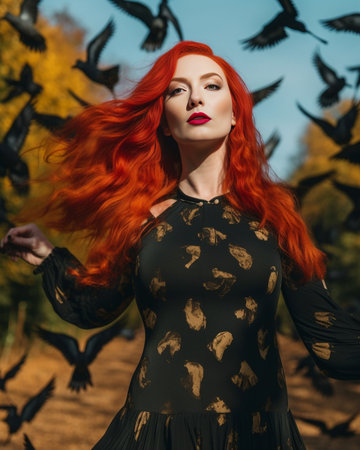 Wonderful young woman with wavy bright red hairstyle black bandage on neck and freckles in printed light clothes looking down outdoor : Generative AIの素材