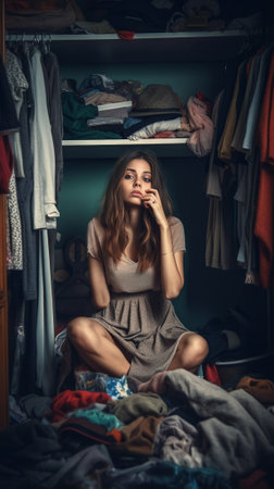 Stylish woman sitting on the floor in wardrobe with smartphone in hands writing message surrounded by lot of shoes She wearing black fluffy skirt and silver luxury shoes : Generative AIの素材
