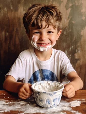 Funny kid sitting on the kitchen table in a rustic kitchen playing with flour and tasting a cake He is covered in flour and looks funny He puts his finger in the mouth : Generative AIの素材