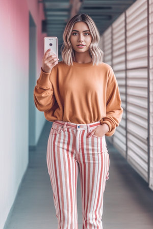 Goodlooking brunette girl with happy face expression making selfie on striped background Photo of spectacular white female model in sweater taking picture of herself : Generative AIの素材
