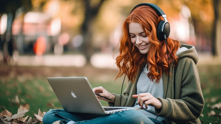Communication gadgets social networking concept Attractive young girl with collected red hair smiling looking at laptop and working outdoors : Generative AIの素材