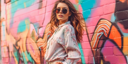 Pleased tattooed girl posing in front of graffiti Outdoor shot of glad young woman in pink sunglasses : Generative AIの素材