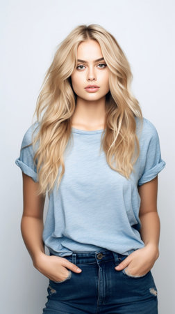 Glad european model waiting for party Stunning fairhaired woman fooling around in front of camera : Generative AIの素材