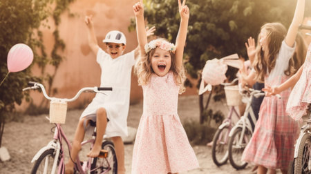 Fulllength portrait of girl in stylish pink pants and denim jacket making selfie in front of white bicycle Bicyclist woman gladly posing with party balloons and taking ph : Generative AIの素材