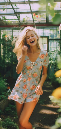 Cheerful caucasian young lady makes selfie on smartphone spending leisure time outdoors Blonde smiles wears summer sundress Technological device concept : Generative AIの素材