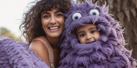 Smiling cheerful young mother looking with love at her longhaired daughter wearing purple carnival mask Adorable little girl in denim shirt having fun and playing with mo : Generative AIの素材