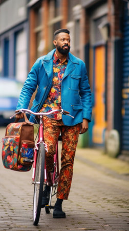 Fulllength portrait of confident african man standing in front of his bike Studio shot of emotional black guy in bright outfit posing with bicycle : Generative AIの素材