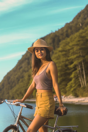 Slim pretty girl with bicycle standing on embankment in sunny day Outdoor shot of spectacular ginger woman in hat and pink shirt posing on river background : Generative AIの素材