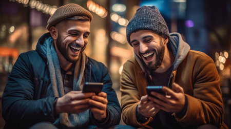 Excited young bearded man in orange jacket and his friend in checkered shirt hold phone and laugh on blue background : Generative AIの素材