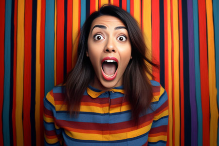 Overjoyed after good shopping woman in striped dress runs to next store Fulllength photo of darkhaired girl on striped background : Generative AIの素材