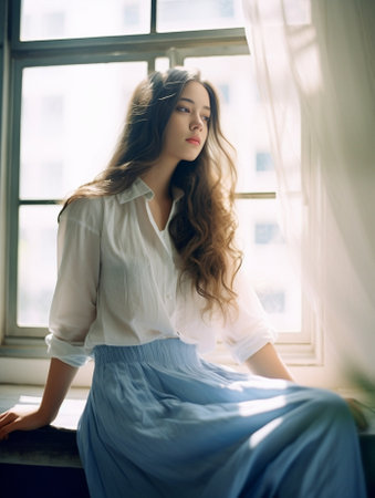 Lifestyle portrait of young lady having fun at sunlit room Adorable girl with dark hair oversized shirt blue jeans and white headphones standing on windowsill smiling and : Generative AIの素材