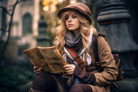 Interested female tourist in knitted sweater looking at map resting after excursion Elegant curly girl in red beret sitting beside old palace in autumn day : Generative AIの素材
