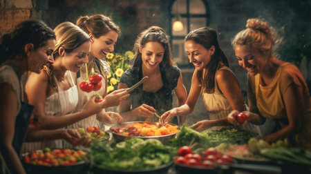 Positive women smiling in kitchen Girls cooking delicious fresh salad : Generative AIの素材