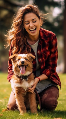 Excited darkhaired girl with tanned skin and white manicure resting with beagle dog after walk Outdoor portrait of laughing young woman with ribbon and leather backpack c : Generative AIの素材