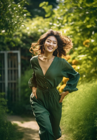 Adorable girl shows sign of peace Woman in oversized shirt and pants jumping with smile on path with fence twined with ivy : Generative AIの素材