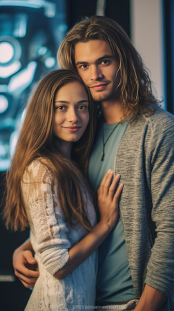 Handsome guy is hugging pretty girl with long hair and kissing her in cheek on blue background in studioThey hold skateboards and look happy : Generative AIの素材