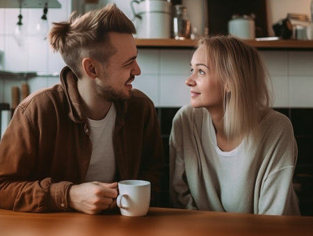 Refined girl drinking coffee with husband Relaxed couple chilling in kitchen in morning : Generative AIの素材