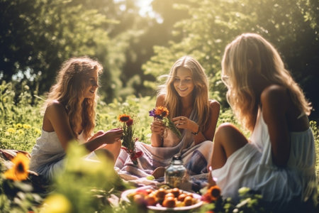 Three happy young caucasian friends are having picnic in park on sunny summer day Brunette girls wear casual clothes hat Relax lifestyle concept : Generative AIの素材