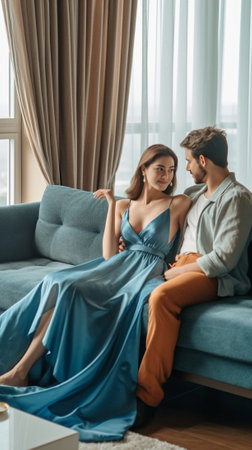 Attractive cute girl looks at her boyfriend with love in her eyes while laying on his legs Sweet photo from above with couple holding hands at apartments : Generative AIの素材