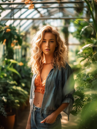 Serious woman with tanned skin posing with interest in orangery Outdoor shot of amazing blonde girl in sunglasses touching green plant : Generative AIの素材