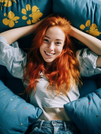 Ginger blissful girl playfully posing at home Indoor photo of winsome young lady in jeans : Generative AIの素材