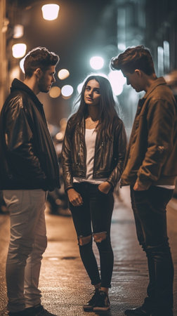 Adorable girl in jeans standing on scooter while young man in trendy shirt holds her Stunning lady with black hair looking at boyfriend fooling around with him on date : Generative AIの素材