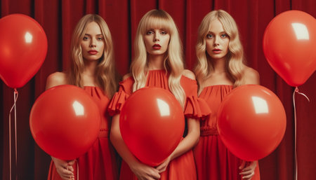 Appealing blonde woman in red dress celebrating winter holidays with friends Studio shot of girls dancing with balloons : Generative AIの素材