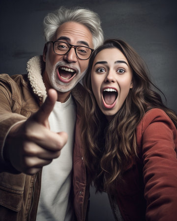 Winsome caucasian girl in denim jacket making selfie with smile Lovable white lady in red hat taking picture of herself on brick background : Generative AIの素材
