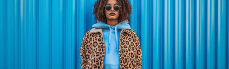 Carefree young african girl is using modern smartphone standing outdoors Curly brunette wears sunglasses and coat Technology concept : Generative AIの素材