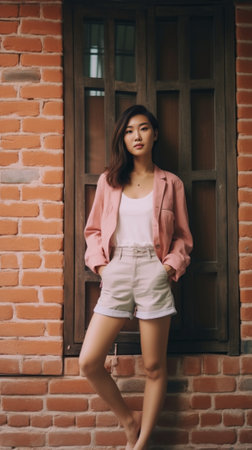 Pretty young caucasian woman enjyoing spring weather near orange brick wall outdoor Brunette wears shirt shorts and backpack Concept ralaxed lifestyle : Generative AIの素材