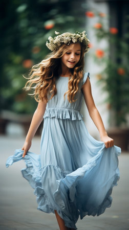 Enthusiastic girl in flower wreath fooling around with sister on blue background Indoor photo of glad ladies in trendy dresses dancing together : Generative AIの素材