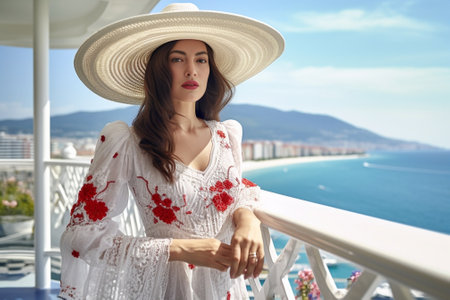 Pretty brunette woman in floral dress looks into camera holds boater and moves on balcony with ocean view Young lady in yellow outfit and hat smiles and poses on sea and  : Generative AIの素材