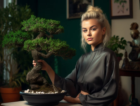 blonde girl dressed in gray Tshirt and dark green robe is holding pot with plant with small leaves : Generative AIの素材