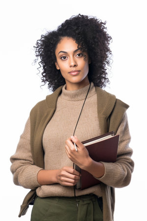 Positive lady in plaid outfit and cap poses with notebook on isolated background Young woman in good mood with curly hair smiling : Generative AIの素材