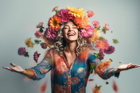 Smiling girl with wavy hair wearing circlet of colorful flowers Indoor photo of dancing glad woman in romantic dress : Generative AIの素材