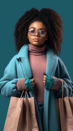 Shy african american girl holding string bag Studio shot of pretty black woman in stylish trench coat : Generative AIの素材