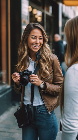 Blonde girl playing with her hair on street background Refined darkhaired woman with camera taking pictures of friend : Generative AIの素材
