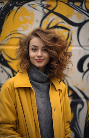 blueeyed smiling girl with bright lips poses against background of text on wall Fulllength portrait in warm winter outfit : Generative AIの素材