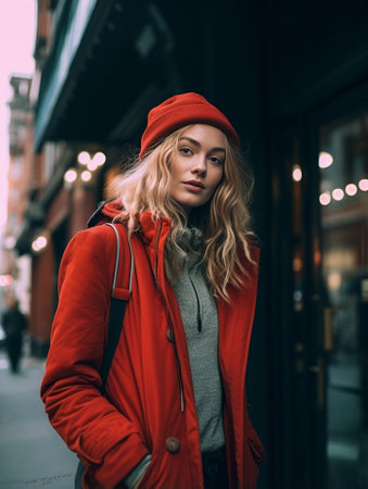 Positive lady with gloss on her lips in good mood looks out window Picture of woman in red eco coat and hat : Generative AIの素材