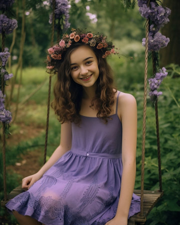 Adorable longhaired girl playing with purple dress on pink background Elegant woman in flower wreath dancing after themed party and smiling : Generative AIの素材