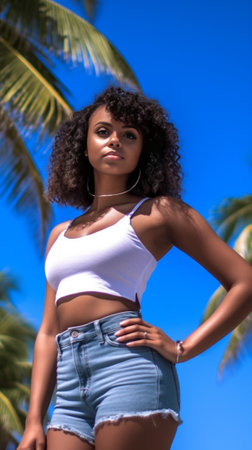 Attractive slim girl in denim shorts hides from the sun under the palm tree with serious face expression Adorable brunette young woman in trendy tanktop resting in the ex : Generative AIの素材