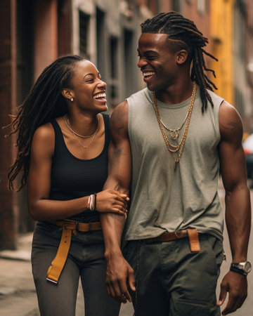 Beautiful young african couple looking at each other hugging standing outdoors Brunette guy and girl wear casual clothes Concept of enjoyment : Generative AIの素材