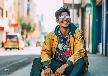 Laughing man in wristwatch and glasses expressing positive emotions during photoshoot on the street Handsome stylish african guy sitting on the ground with smile : Generative AIの素材