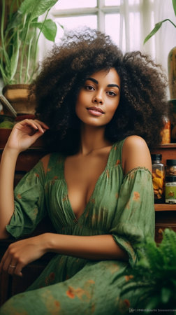 Darkskinned brunette woman in silk dress sits on armchair in white room with plants Curly lady in green outfit smiles : Generative AIの素材